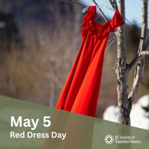 Photo of a red dress hanging from a tree, with a stark winter background. Text says May 5, Red Dress Day, BC Society of Transition Houses